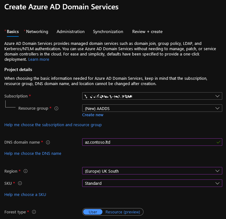 Shows the Basics tab of the 'Create Azure AD Domain Services' pane